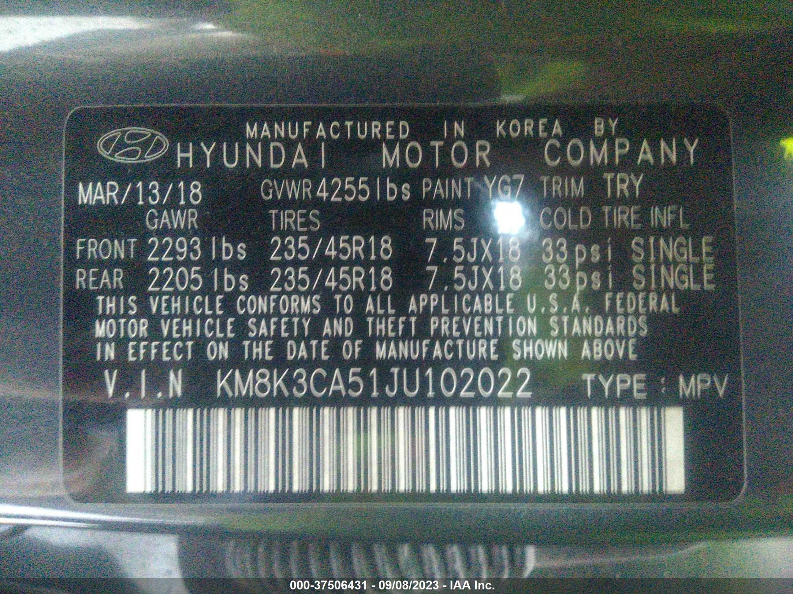 Photo 8 VIN: KM8K3CA51JU102022 - HYUNDAI KONA 