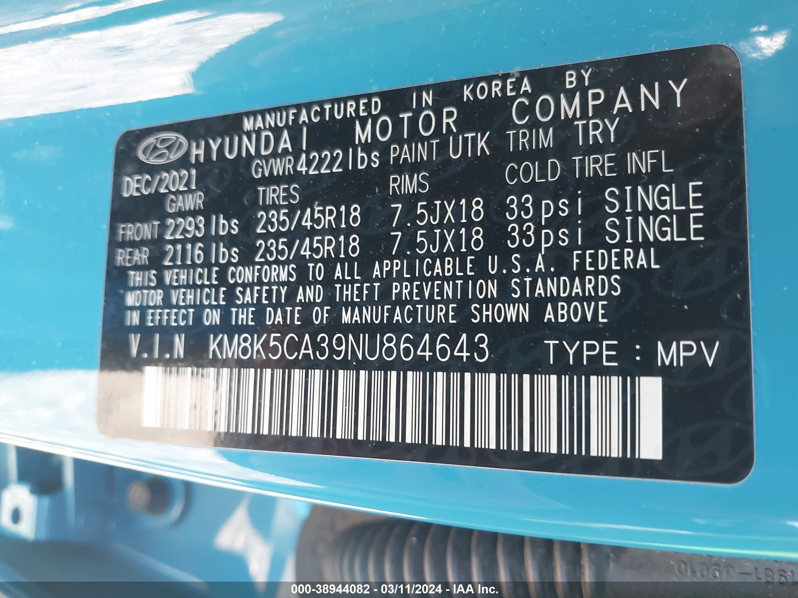 Photo 8 VIN: KM8K5CA39NU864643 - HYUNDAI KONA 