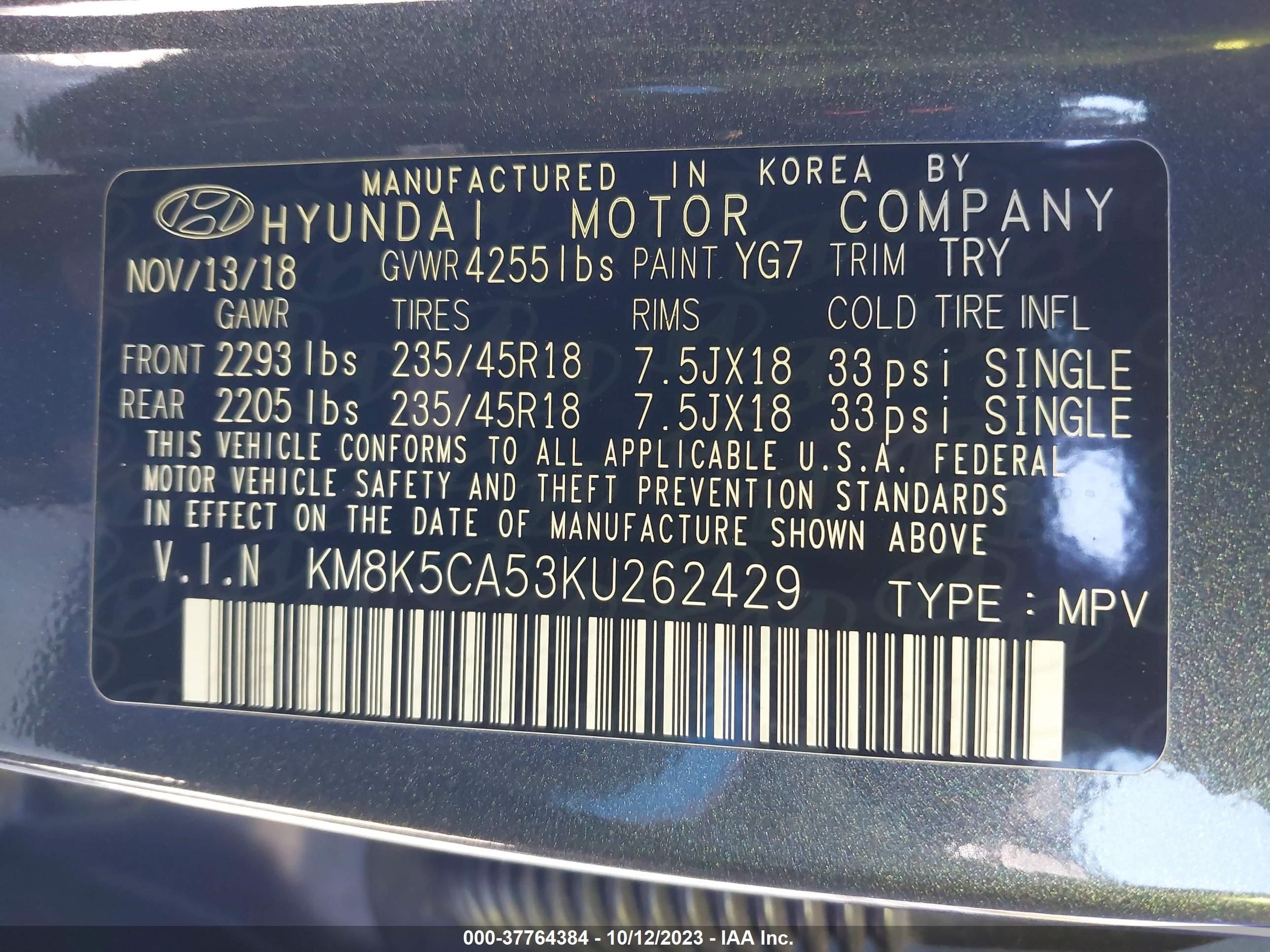 Photo 8 VIN: KM8K5CA53KU262429 - HYUNDAI KONA 