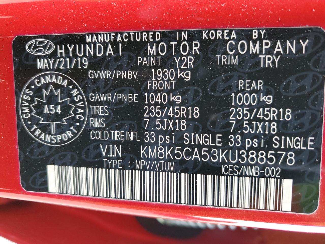 Photo 13 VIN: KM8K5CA53KU388578 - HYUNDAI KONA 