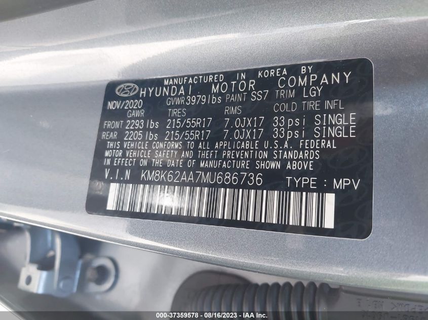 Photo 8 VIN: KM8K62AA7MU686736 - HYUNDAI KONA 