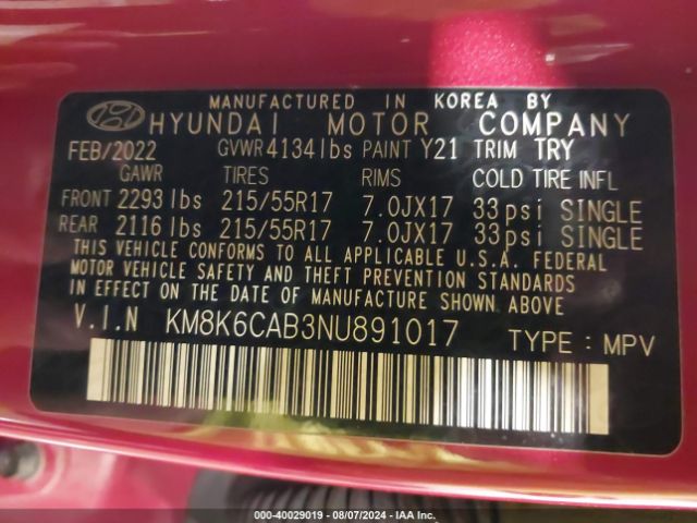 Photo 8 VIN: KM8K6CAB3NU891017 - HYUNDAI KONA 