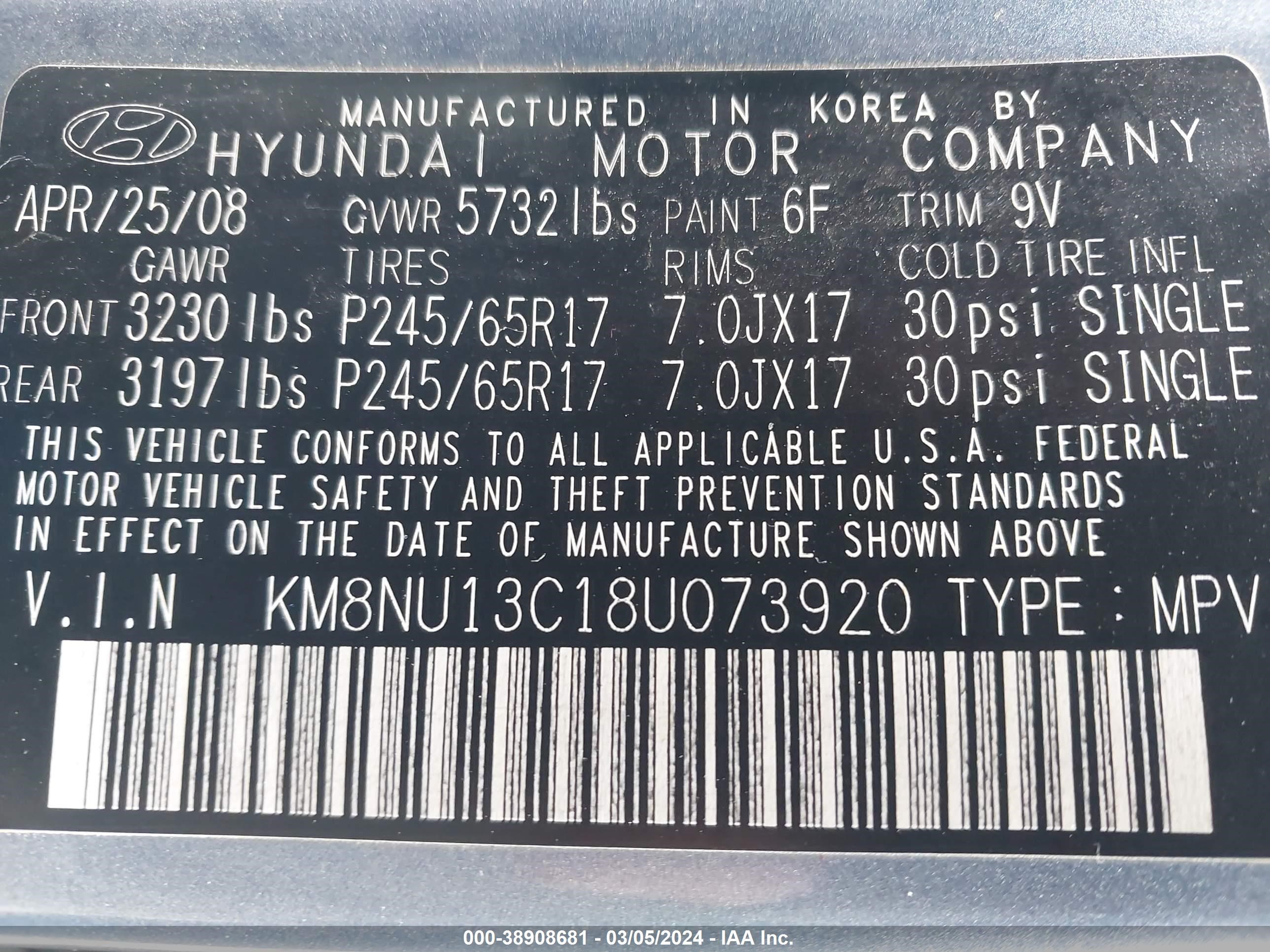 Photo 8 VIN: KM8NU13C18U073920 - HYUNDAI VERACRUZ 