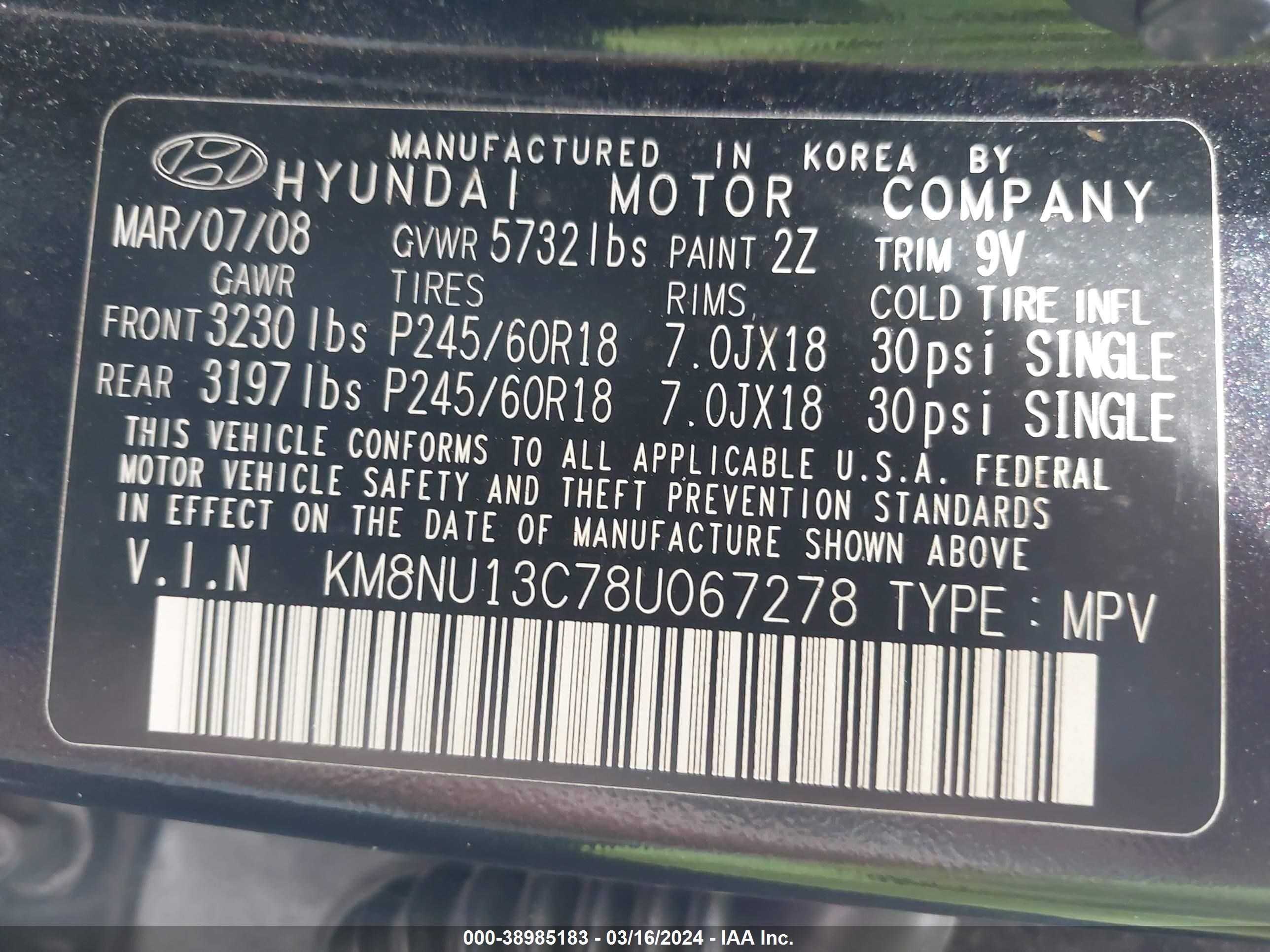 Photo 8 VIN: KM8NU13C78U067278 - HYUNDAI VERACRUZ 