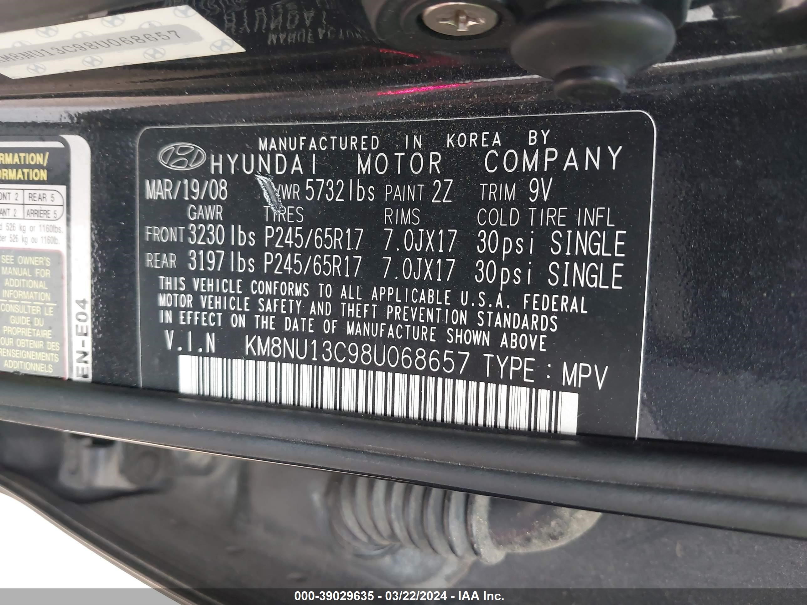 Photo 8 VIN: KM8NU13C98U068657 - HYUNDAI VERACRUZ 