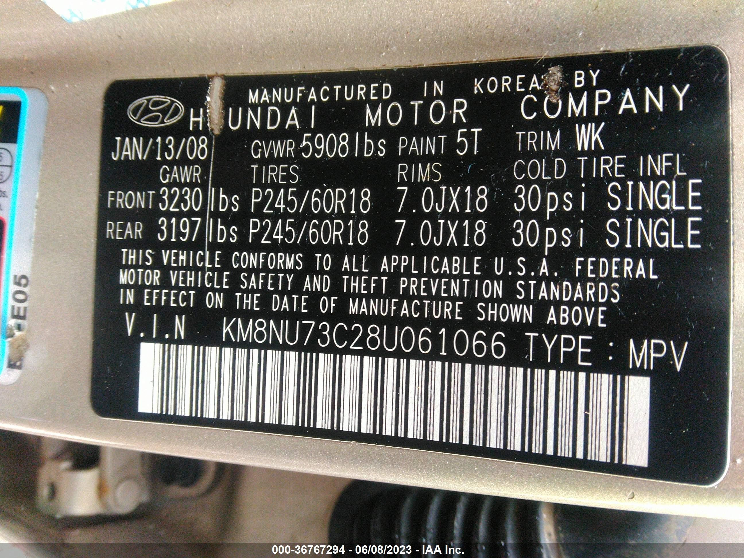 Photo 8 VIN: KM8NU73C28U061066 - HYUNDAI VERACRUZ 