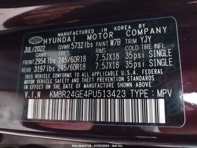 Photo 8 VIN: KM8R24GE4PU513423 - HYUNDAI PALISADE 