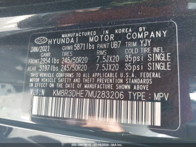 Photo 8 VIN: KM8R3DHE7MU283206 - HYUNDAI PALISADE 