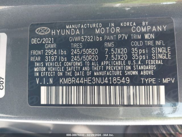 Photo 8 VIN: KM8R44HE3NU418549 - HYUNDAI PALISADE 