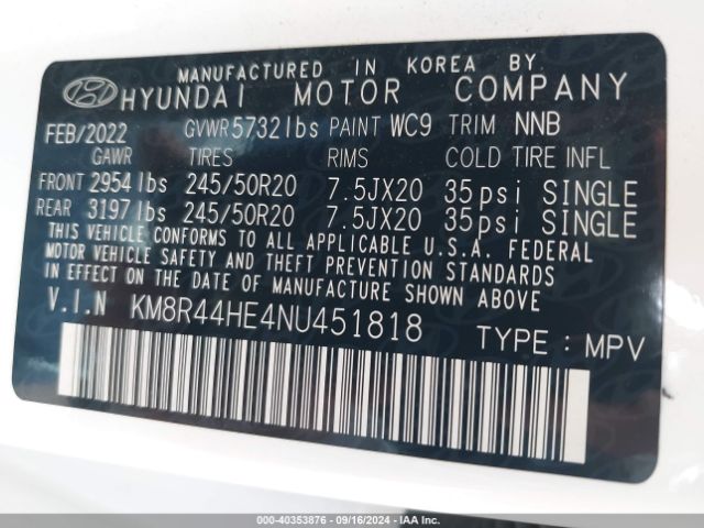 Photo 8 VIN: KM8R44HE4NU451818 - HYUNDAI PALISADE 