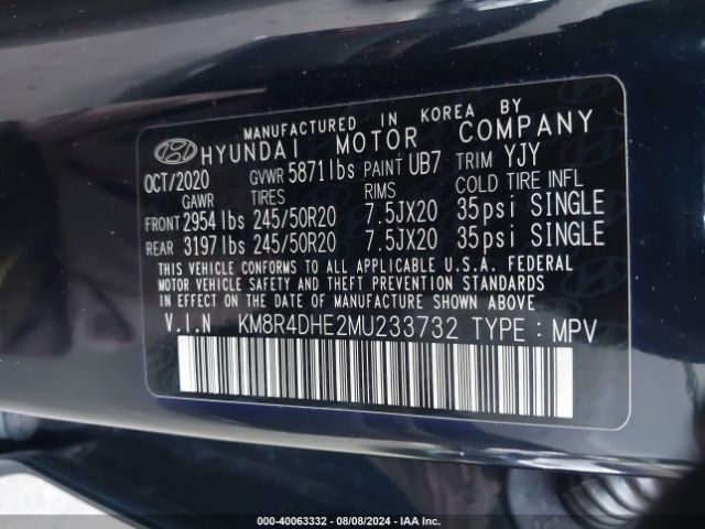 Photo 8 VIN: KM8R4DHE2MU233732 - HYUNDAI PALISADE 