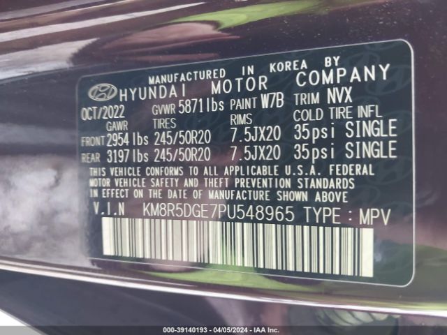 Photo 8 VIN: KM8R5DGE7PU548965 - HYUNDAI PALISADE 