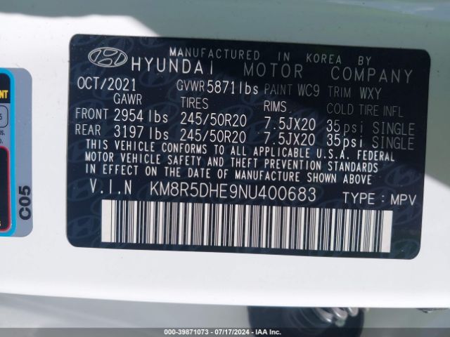 Photo 8 VIN: KM8R5DHE9NU400683 - HYUNDAI PALISADE 