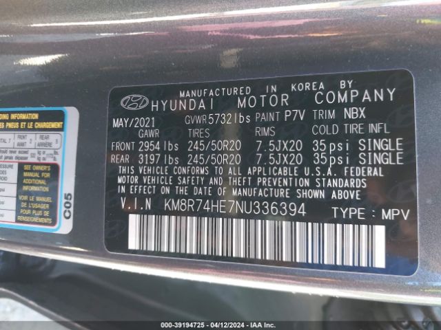 Photo 8 VIN: KM8R74HE7NU336394 - HYUNDAI PALISADE 