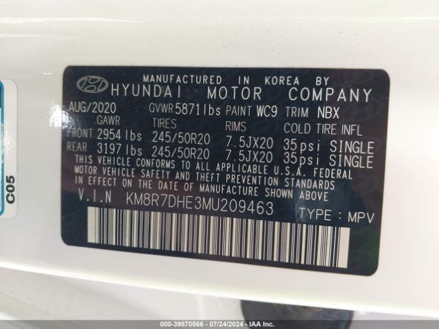 Photo 8 VIN: KM8R7DHE3MU209463 - HYUNDAI PALISADE 