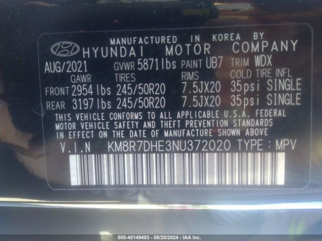 Photo 8 VIN: KM8R7DHE3NU372020 - HYUNDAI PALISADE 