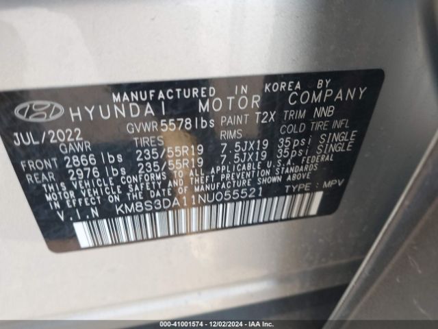 Photo 8 VIN: KM8S3DA11NU055521 - HYUNDAI SANTA FE 