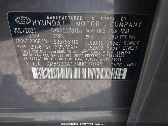 Photo 8 VIN: KM8S3DA17NU017095 - HYUNDAI SANTA FE 