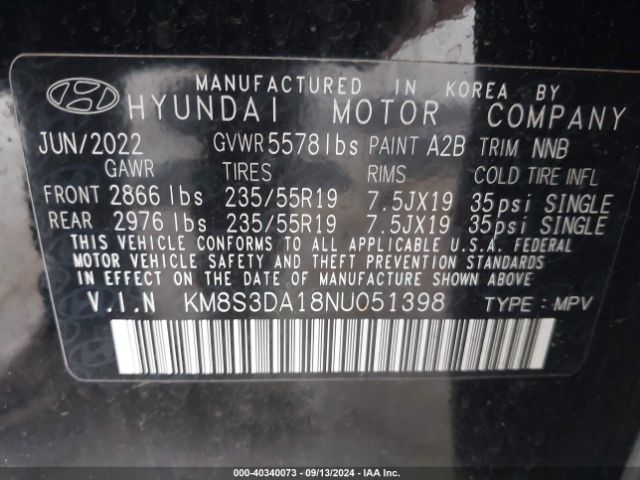 Photo 8 VIN: KM8S3DA18NU051398 - HYUNDAI SANTA FE 