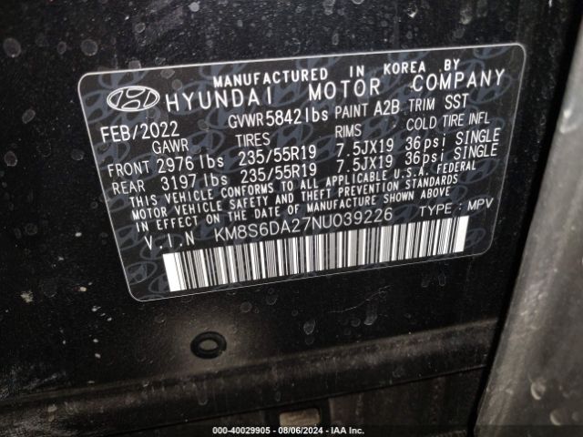 Photo 8 VIN: KM8S6DA27NU039226 - HYUNDAI SANTA FE 