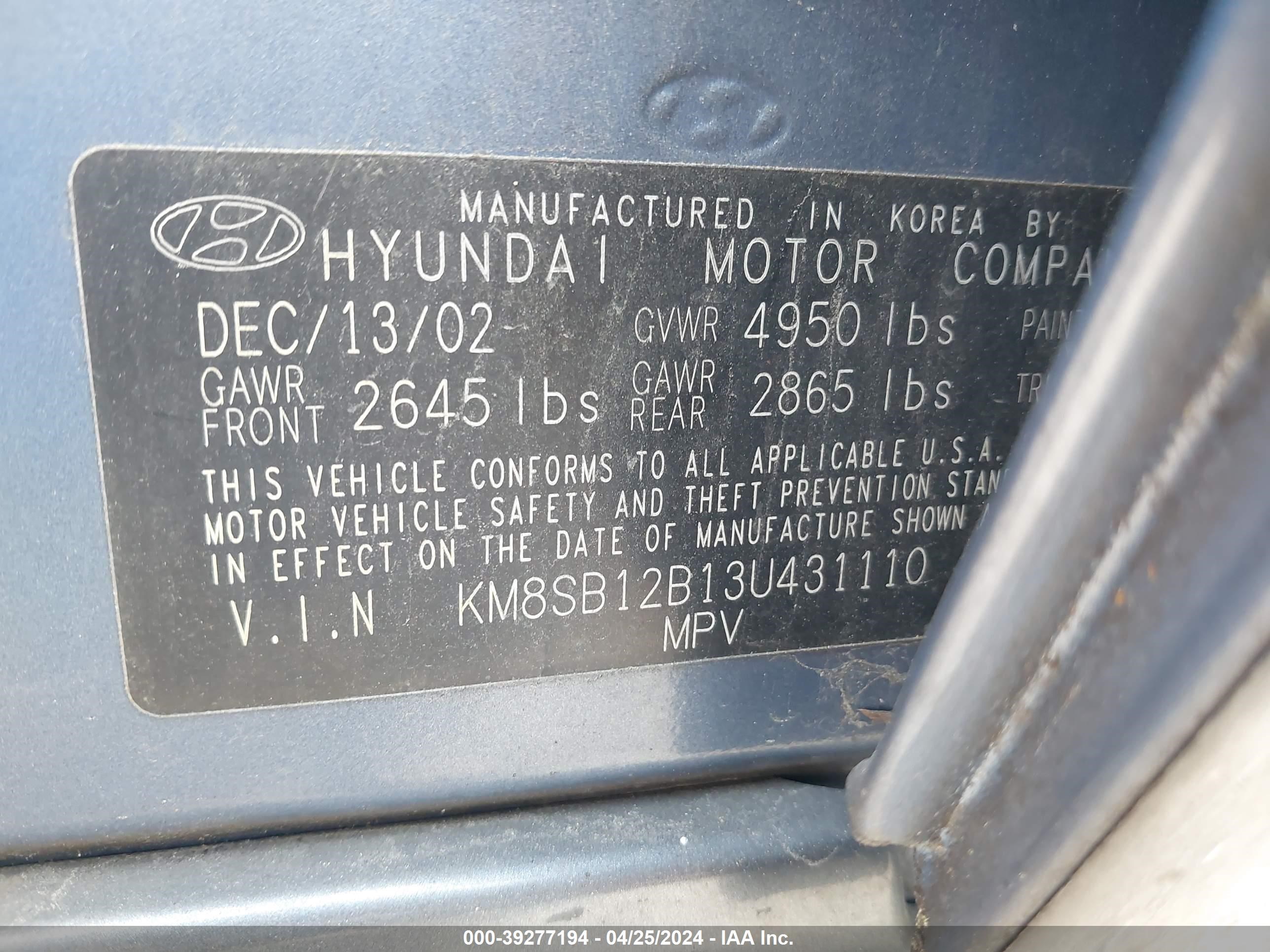 Photo 8 VIN: KM8SB12B13U431110 - HYUNDAI SANTA FE 