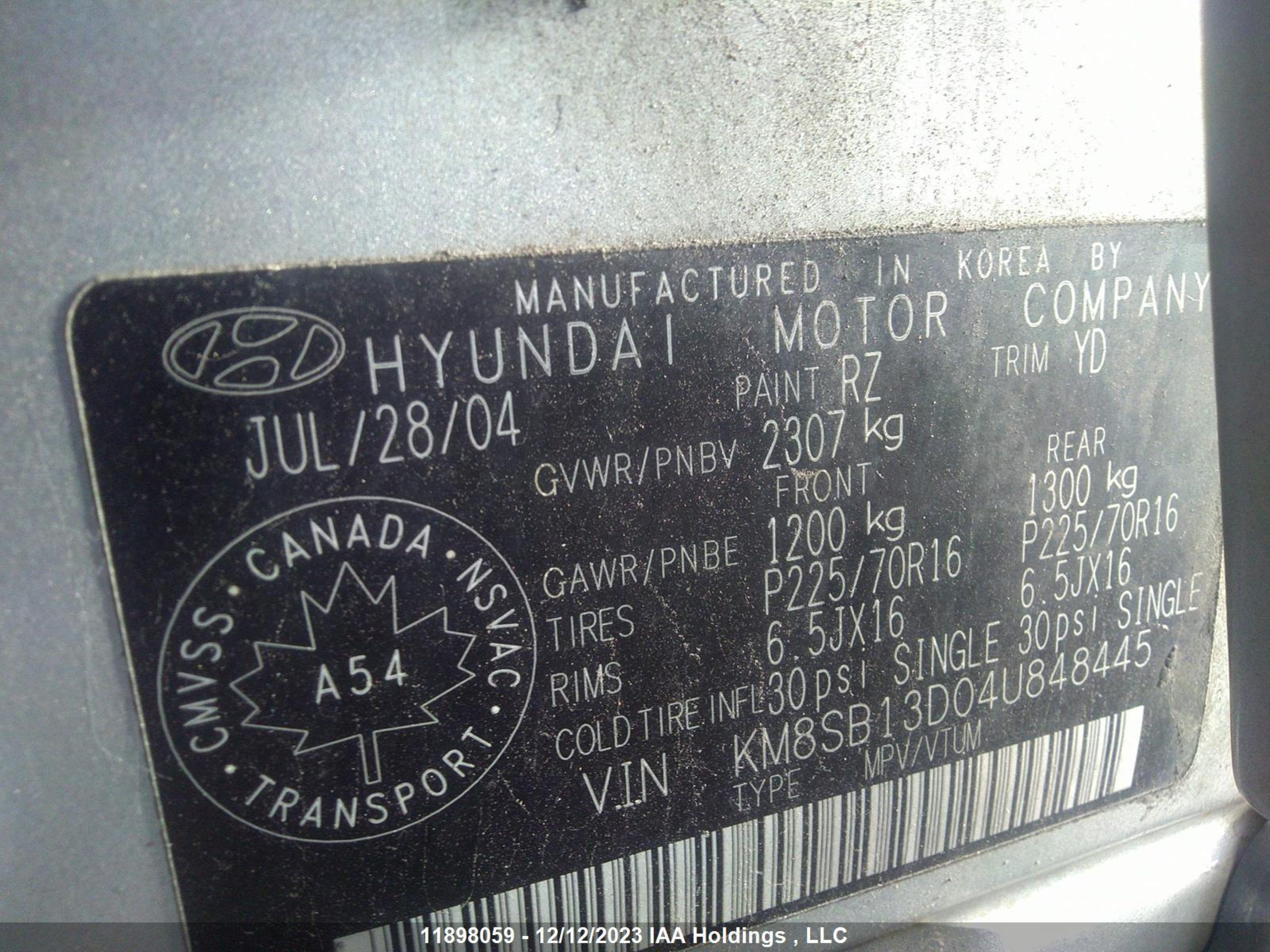 Photo 8 VIN: KM8SB13D04U848445 - HYUNDAI SANTA FE 