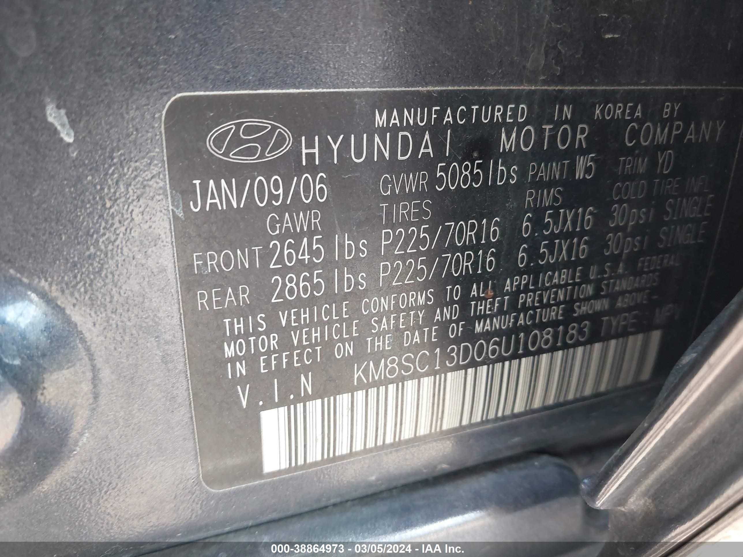 Photo 8 VIN: KM8SC13D06U108183 - HYUNDAI SANTA FE 