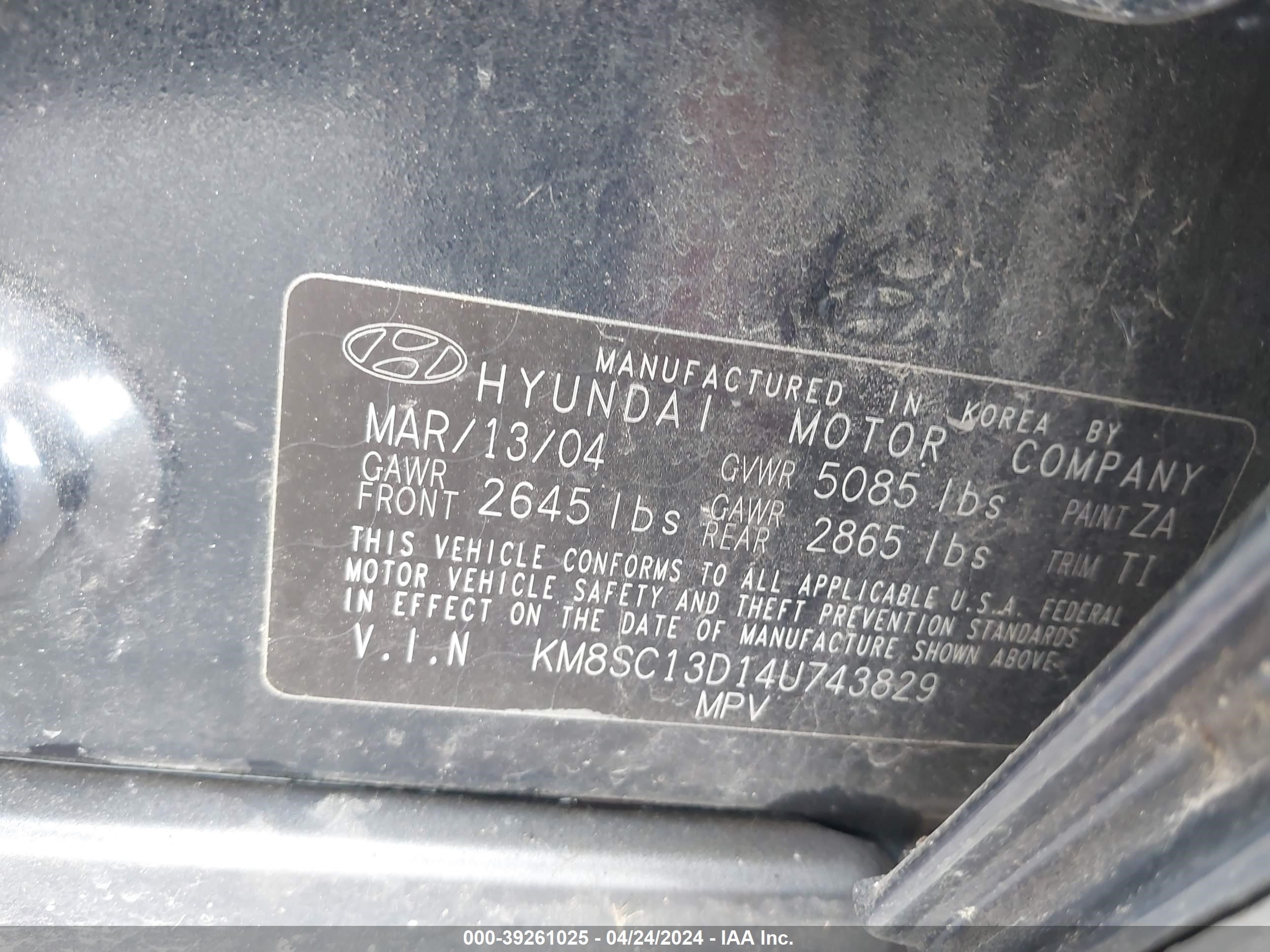 Photo 8 VIN: KM8SC13D14U743829 - HYUNDAI SANTA FE 