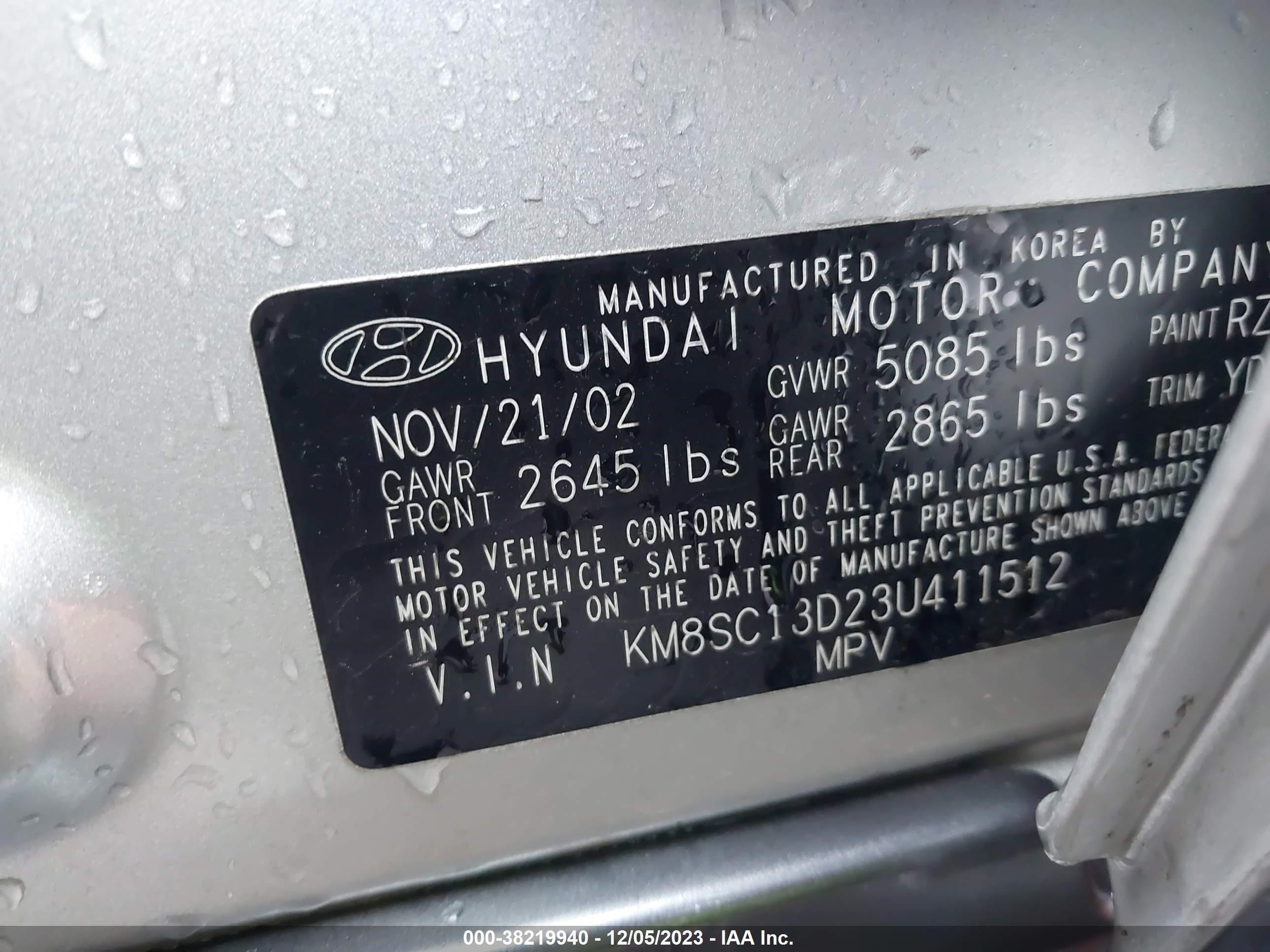 Photo 8 VIN: KM8SC13D23U411512 - HYUNDAI SANTA FE 