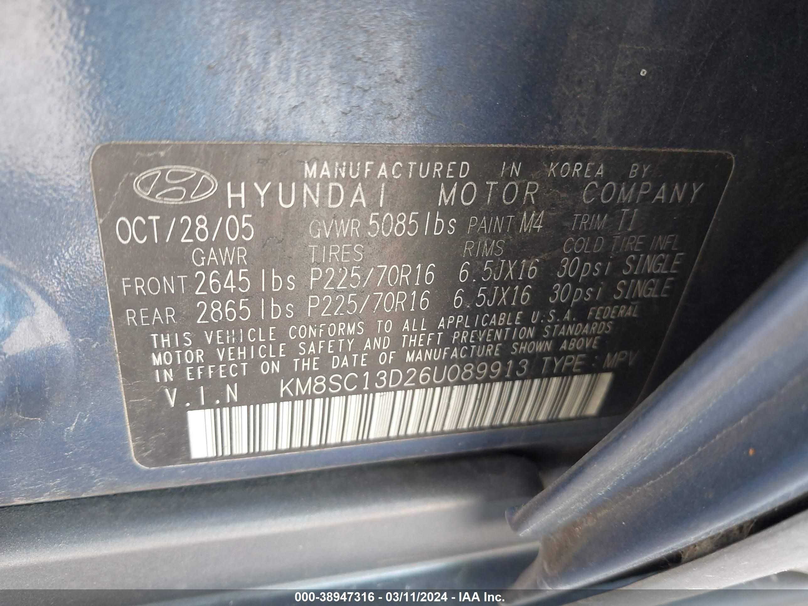 Photo 8 VIN: KM8SC13D26U089913 - HYUNDAI SANTA FE 