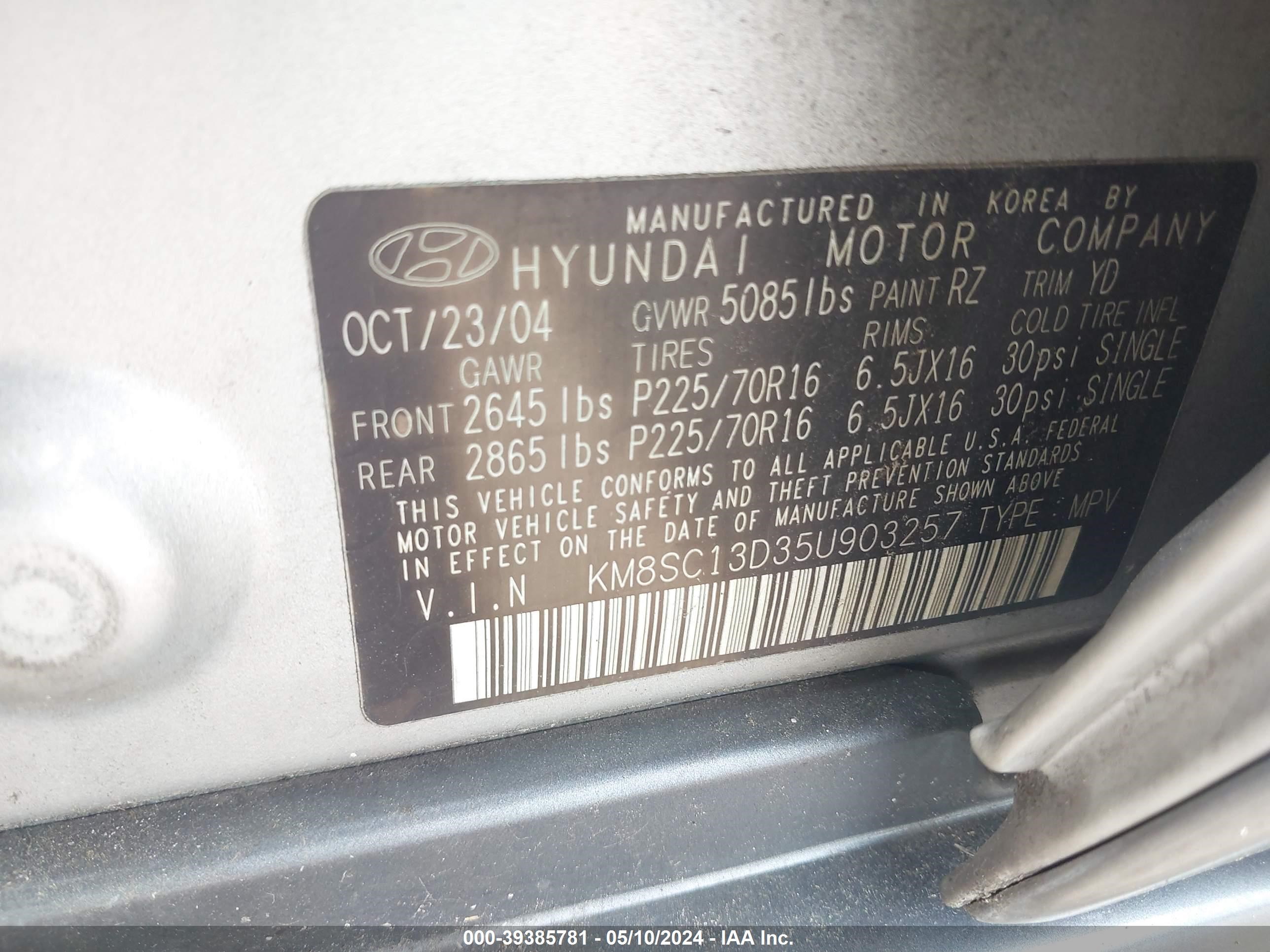 Photo 8 VIN: KM8SC13D35U903257 - HYUNDAI SANTA FE 