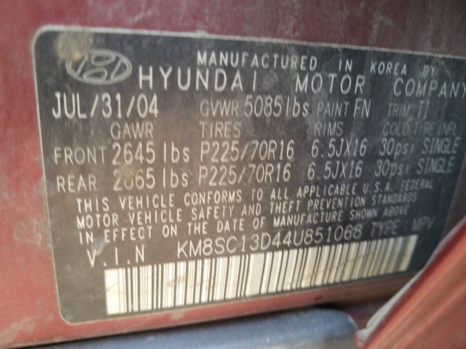 Photo 9 VIN: KM8SC13D44U851068 - HYUNDAI SANTA FE G 