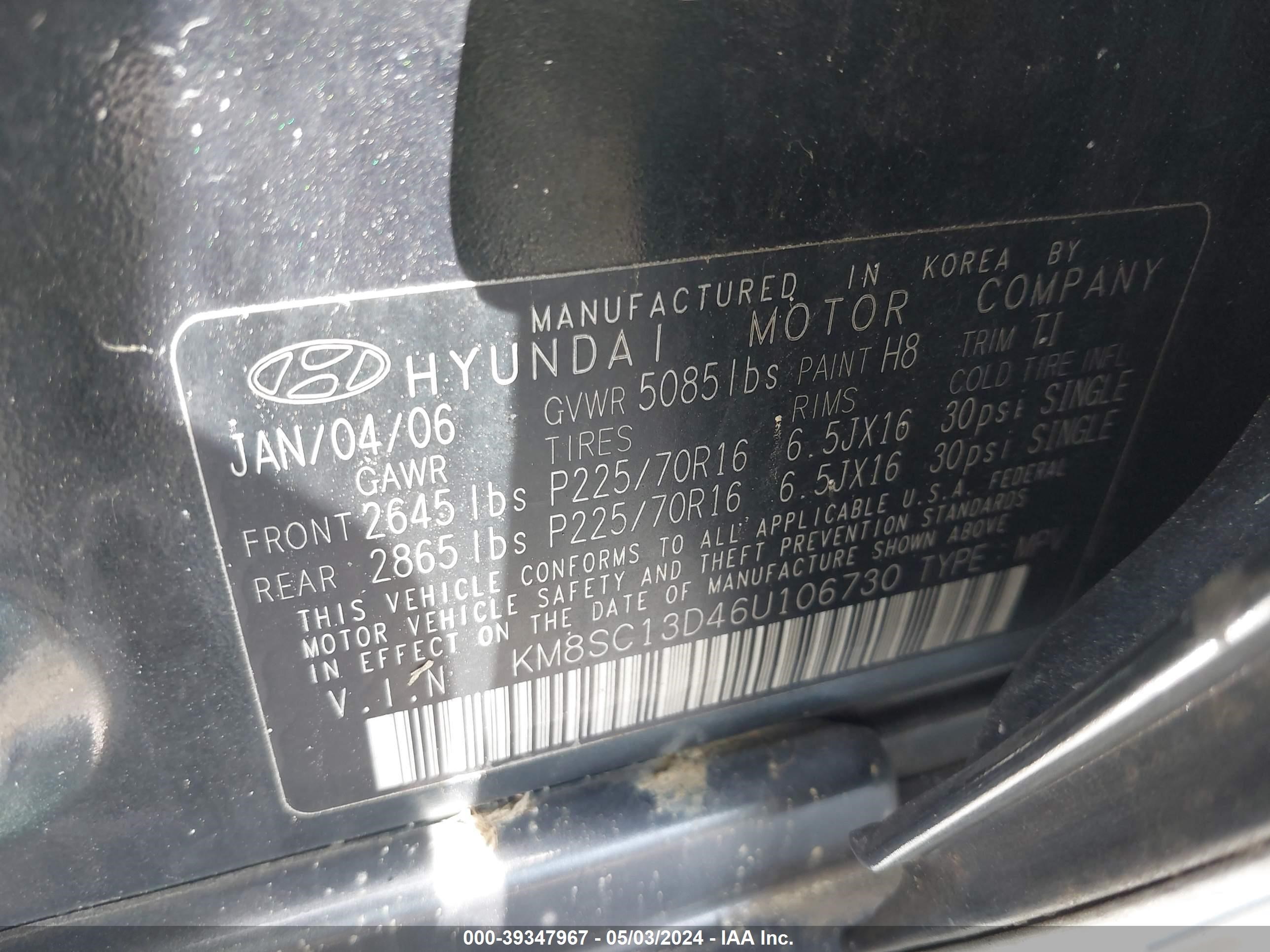 Photo 8 VIN: KM8SC13D46U106730 - HYUNDAI SANTA FE 