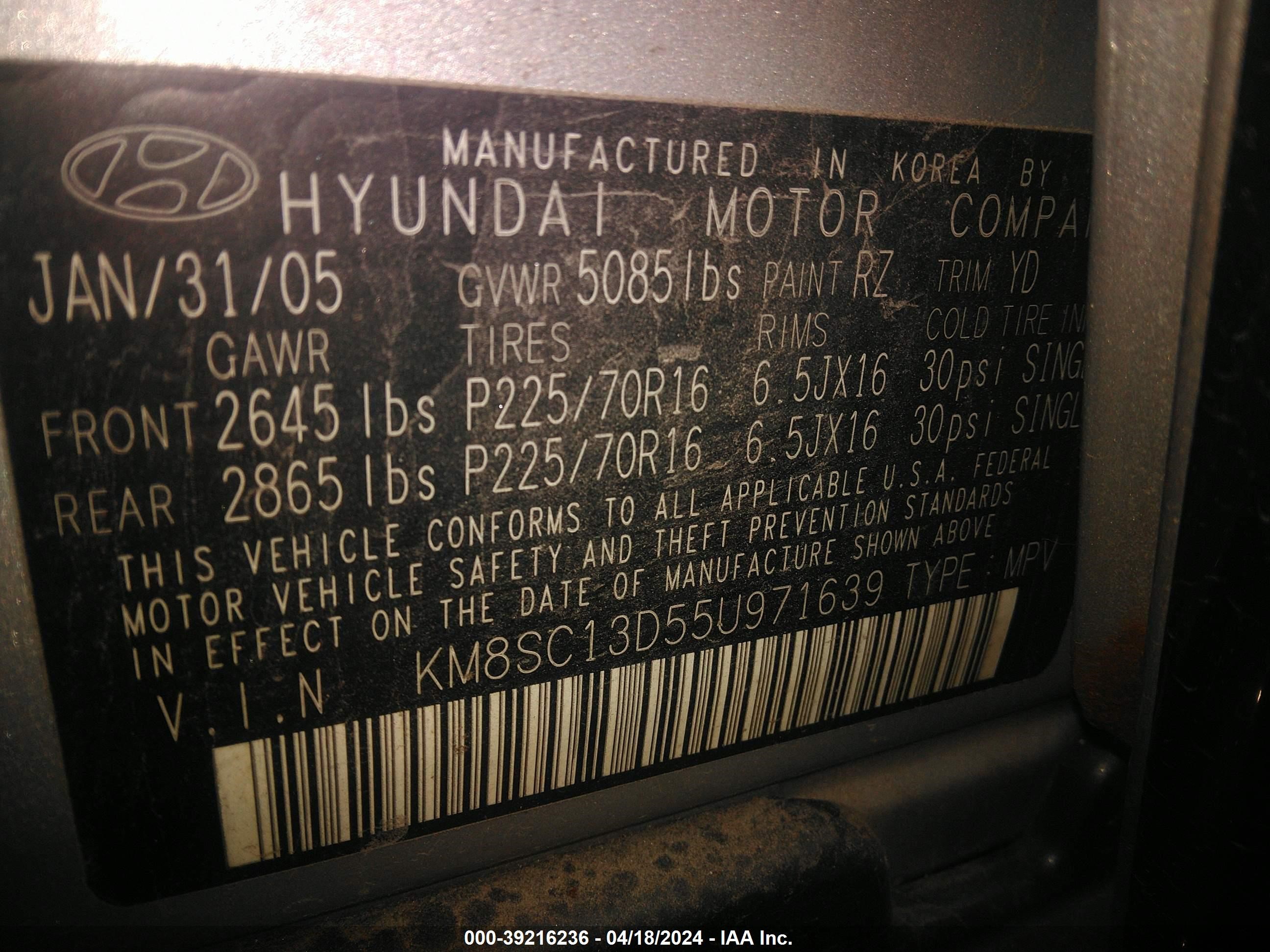 Photo 8 VIN: KM8SC13D55U971639 - HYUNDAI SANTA FE 