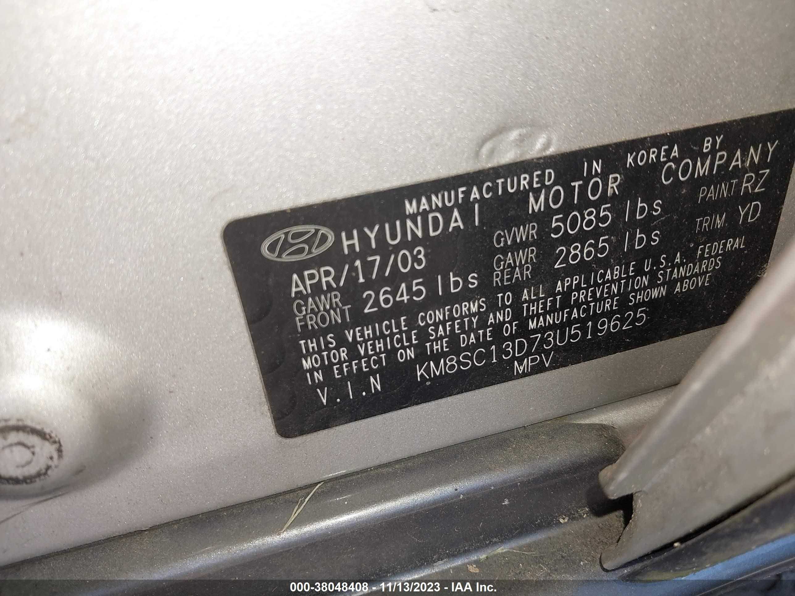 Photo 8 VIN: KM8SC13D73U519625 - HYUNDAI SANTA FE 