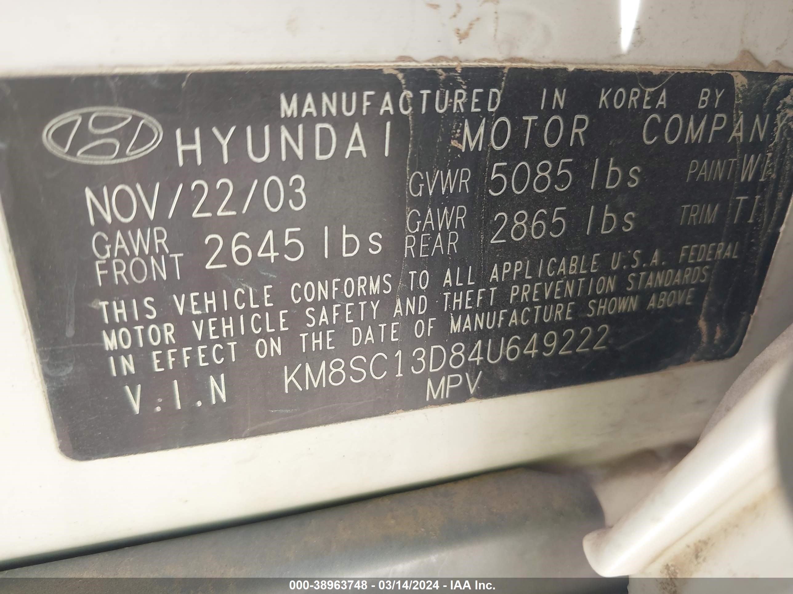 Photo 8 VIN: KM8SC13D84U649222 - HYUNDAI SANTA FE 