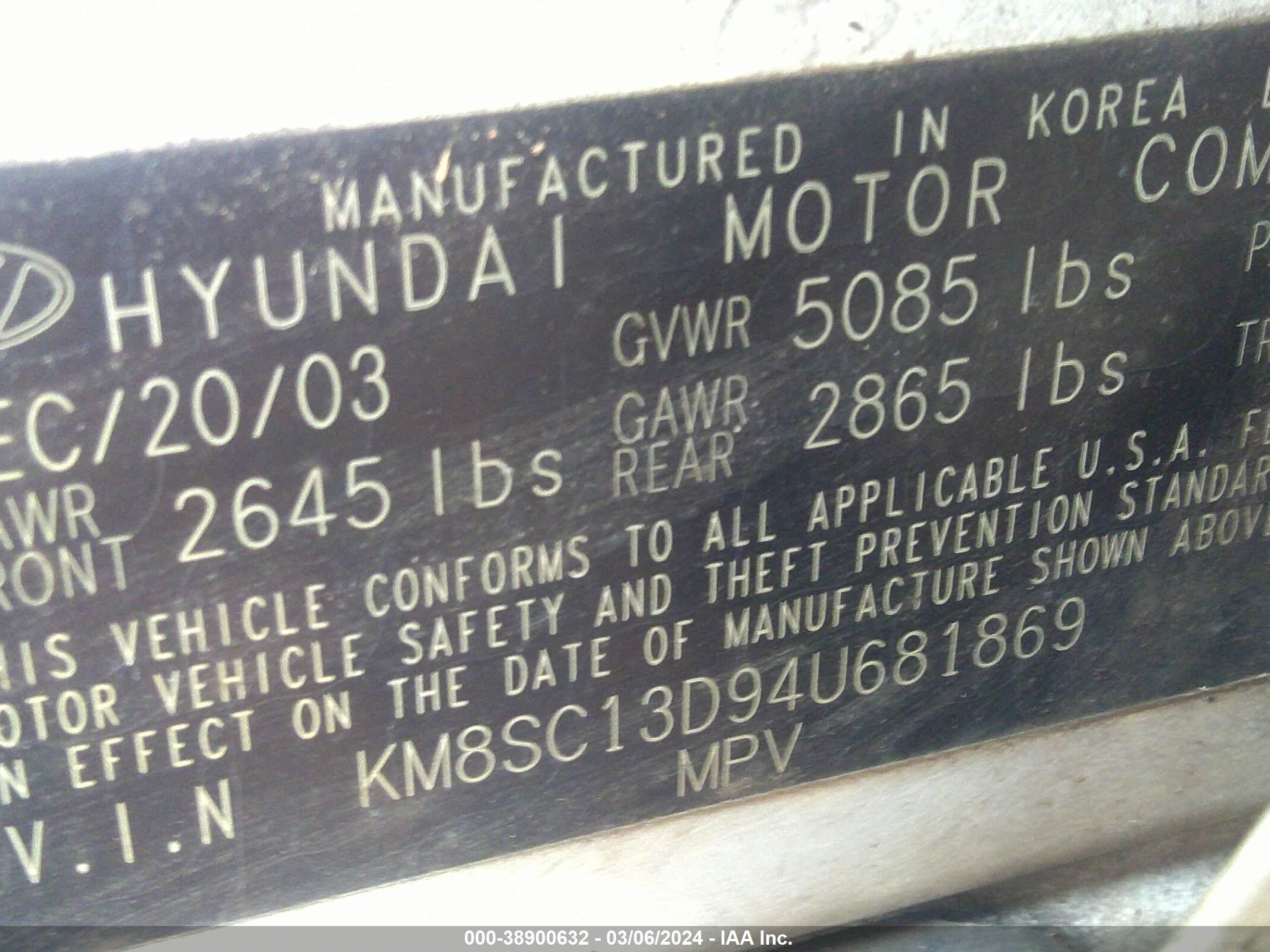 Photo 8 VIN: KM8SC13D94U681869 - HYUNDAI SANTA FE 