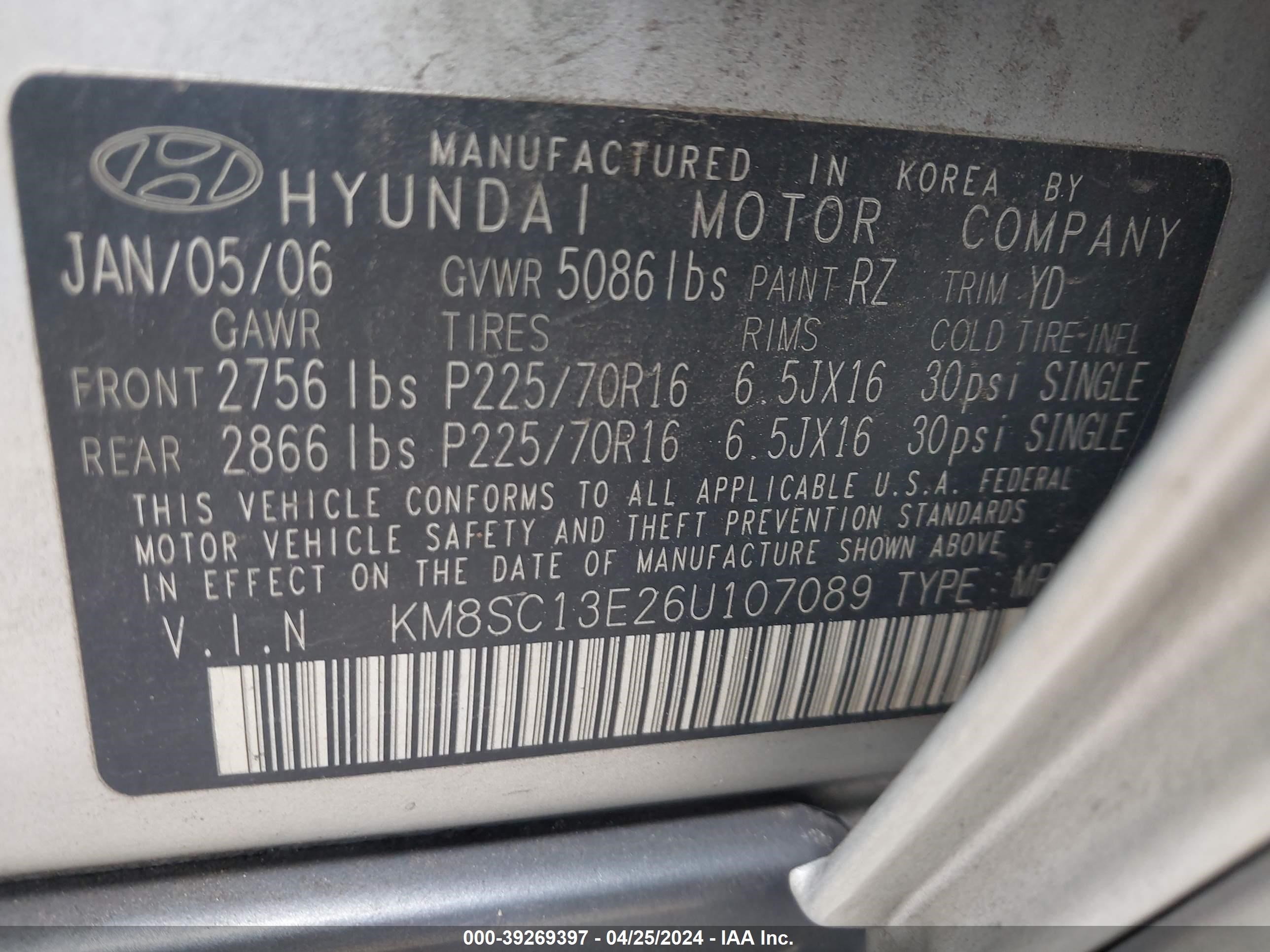 Photo 8 VIN: KM8SC13E26U107089 - HYUNDAI SANTA FE 