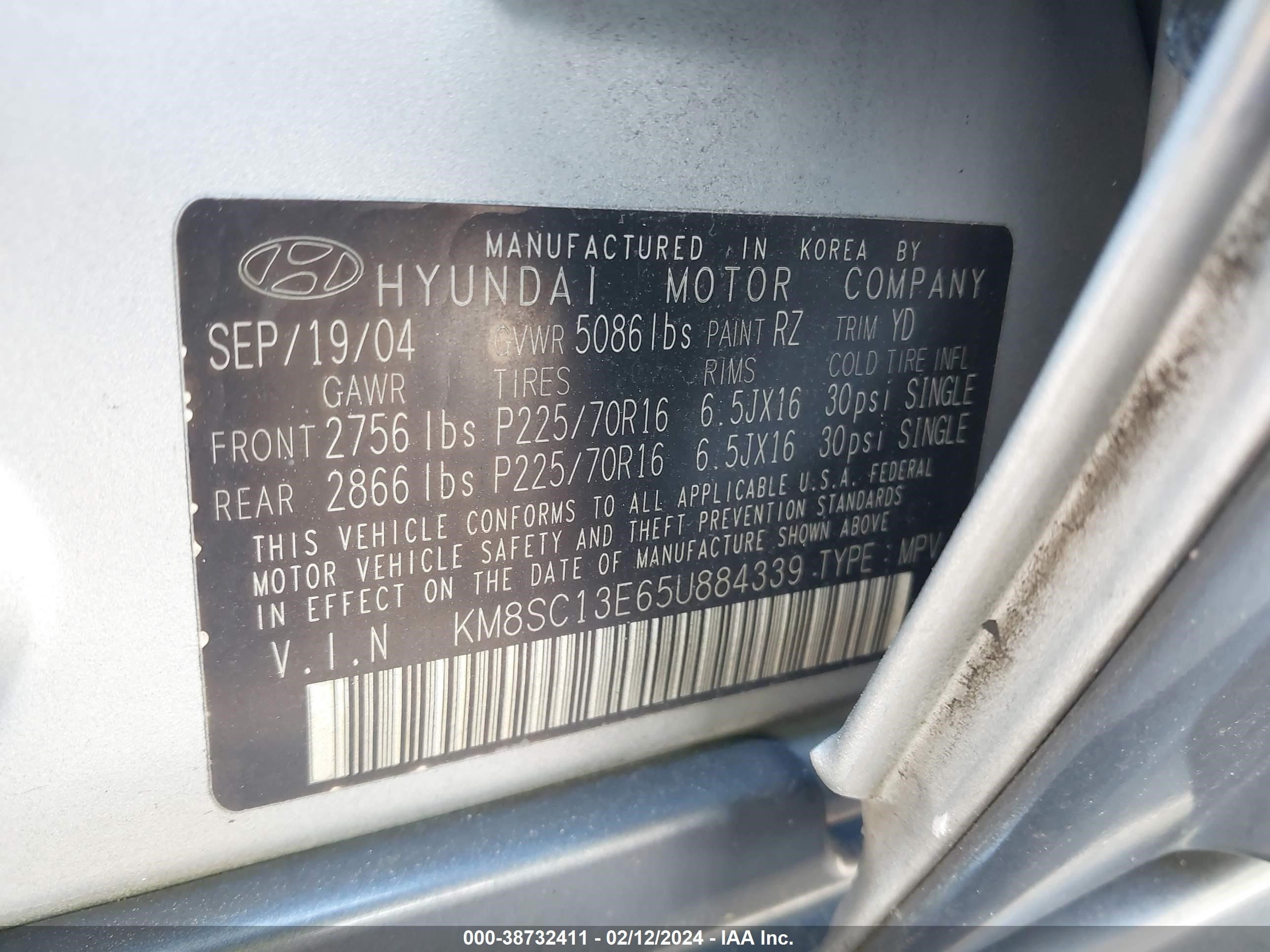 Photo 8 VIN: KM8SC13E65U884339 - HYUNDAI SANTA FE 