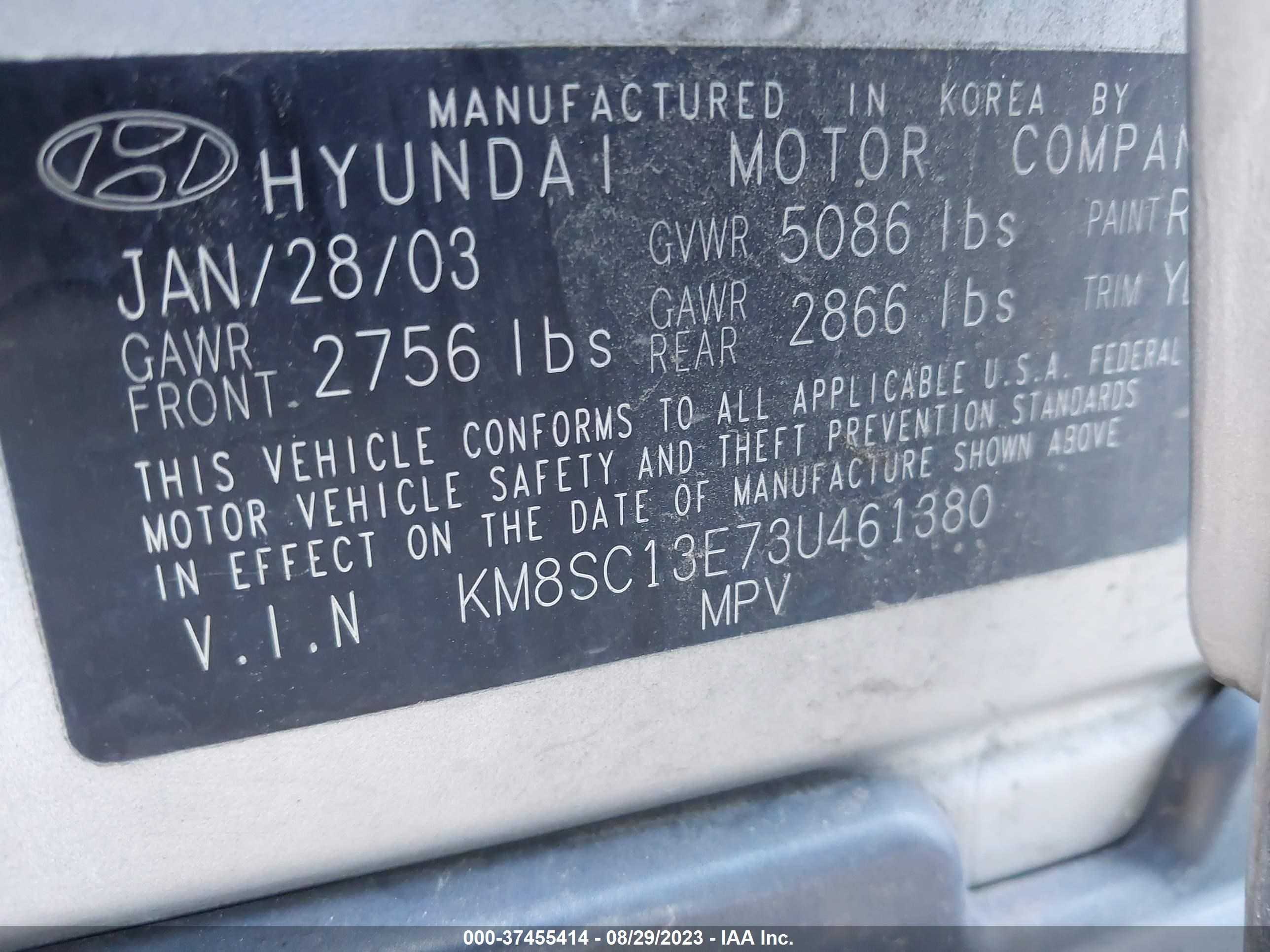 Photo 8 VIN: KM8SC13E73U461380 - HYUNDAI SANTA FE 