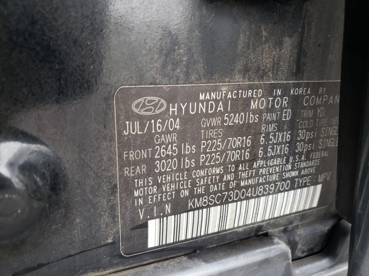 Photo 11 VIN: KM8SC73D04U839700 - HYUNDAI SANTA FE 