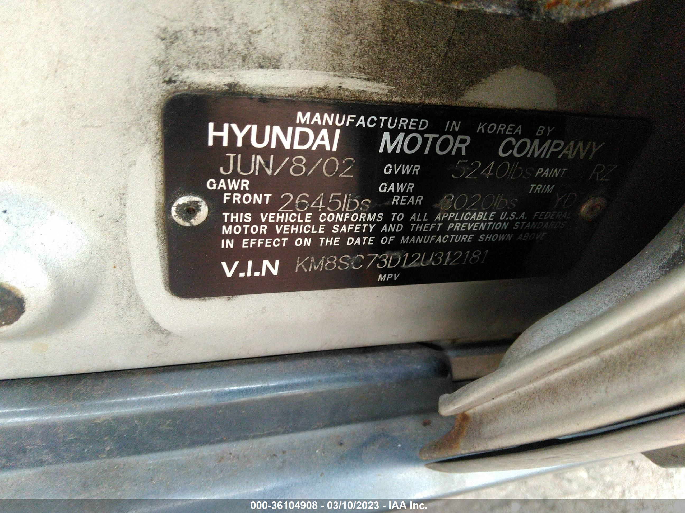 Photo 8 VIN: KM8SC73D12U312181 - HYUNDAI SANTA FE 