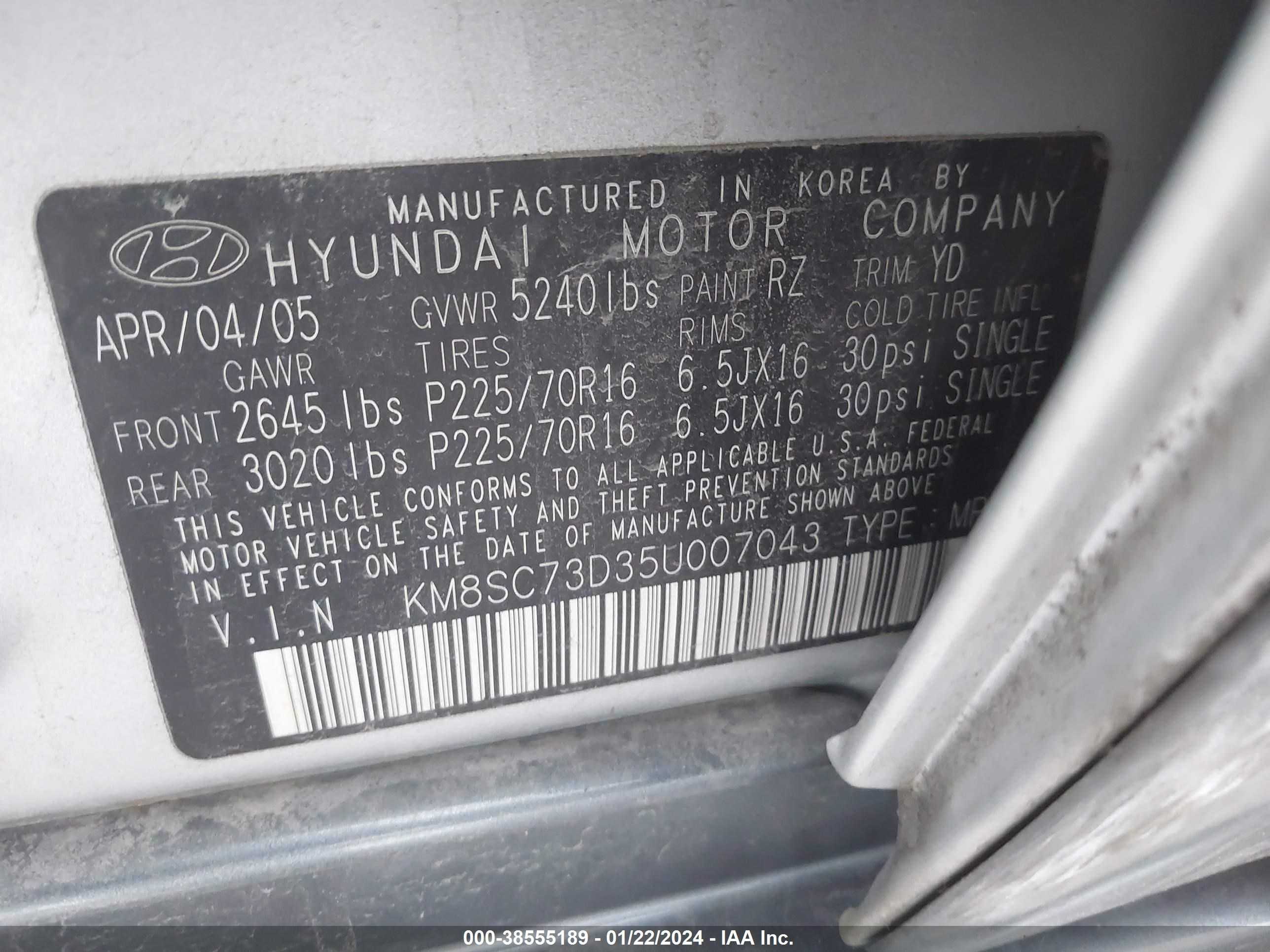 Photo 8 VIN: KM8SC73D35U007043 - HYUNDAI SANTA FE 