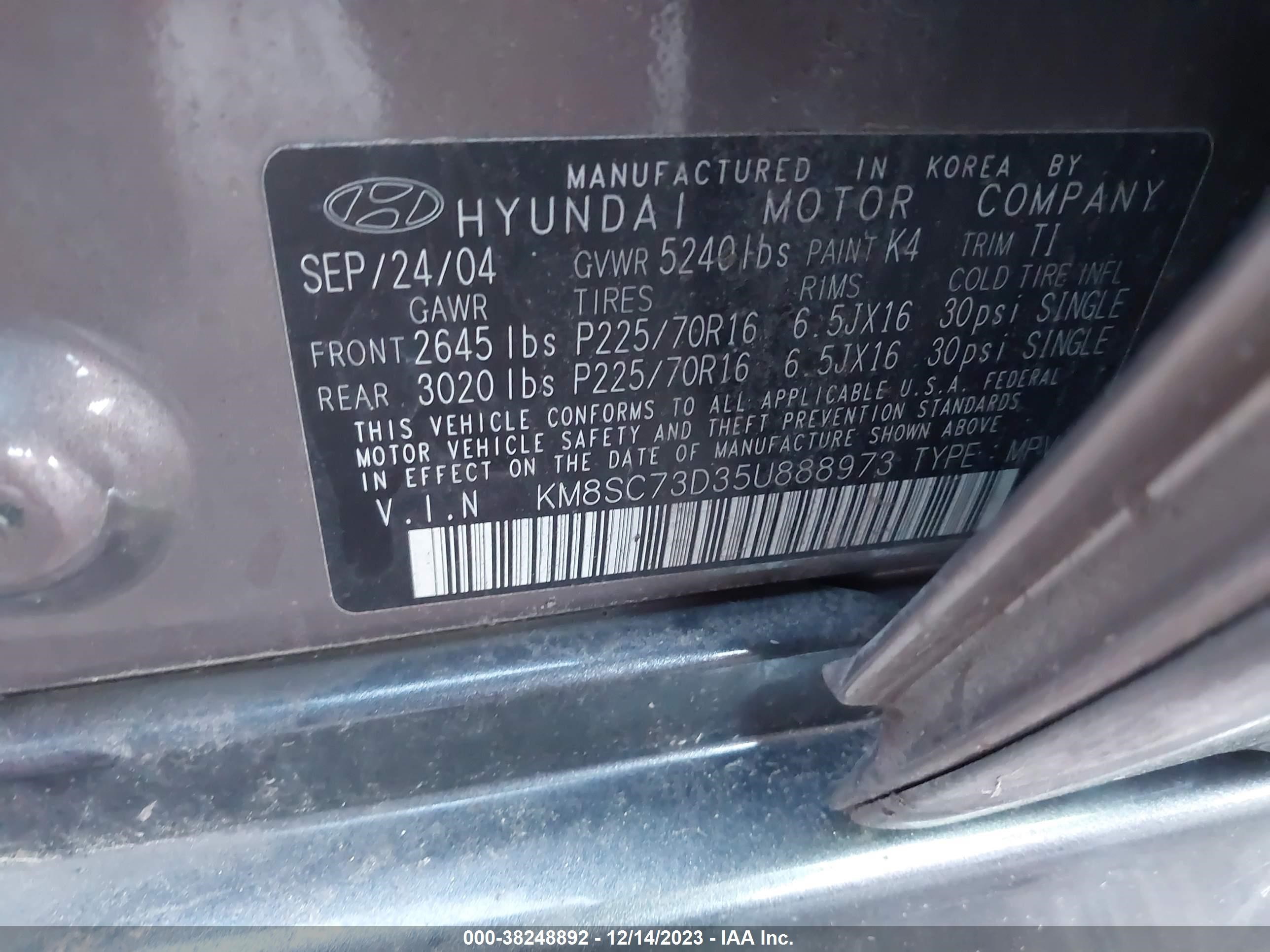 Photo 8 VIN: KM8SC73D35U888973 - HYUNDAI SANTA FE 