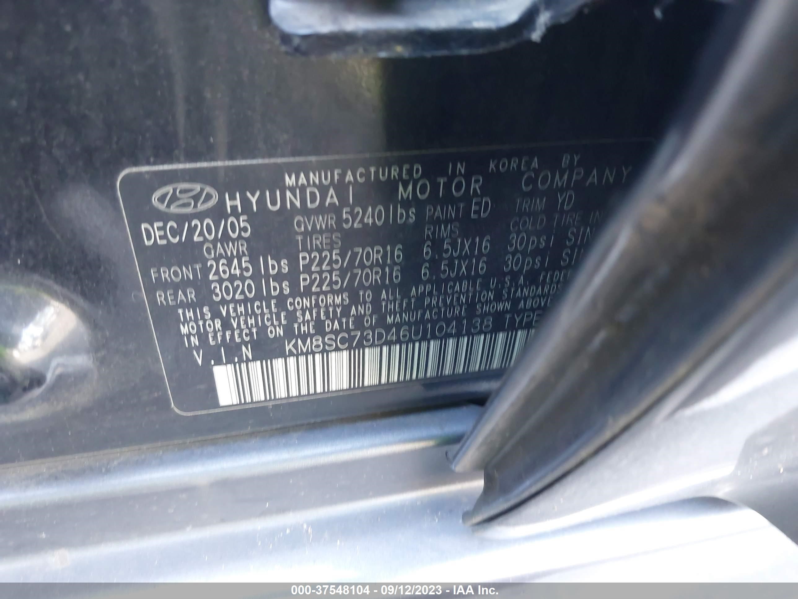 Photo 8 VIN: KM8SC73D46U104138 - HYUNDAI SANTA FE 