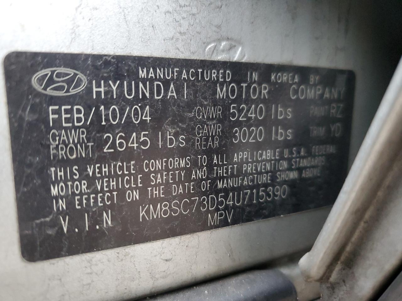 Photo 12 VIN: KM8SC73D54U715390 - HYUNDAI SANTA FE 