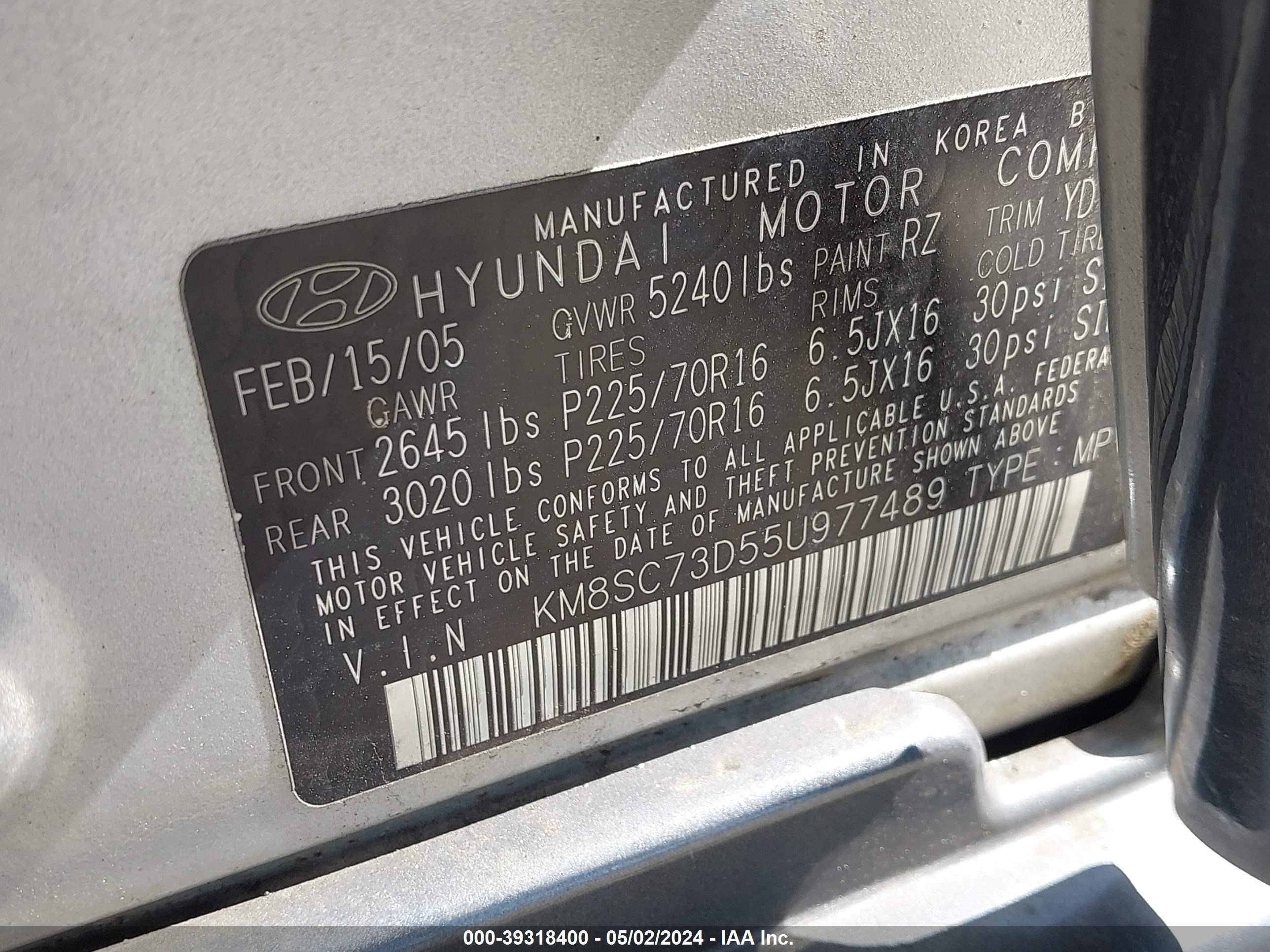 Photo 8 VIN: KM8SC73D55U977489 - HYUNDAI SANTA FE 