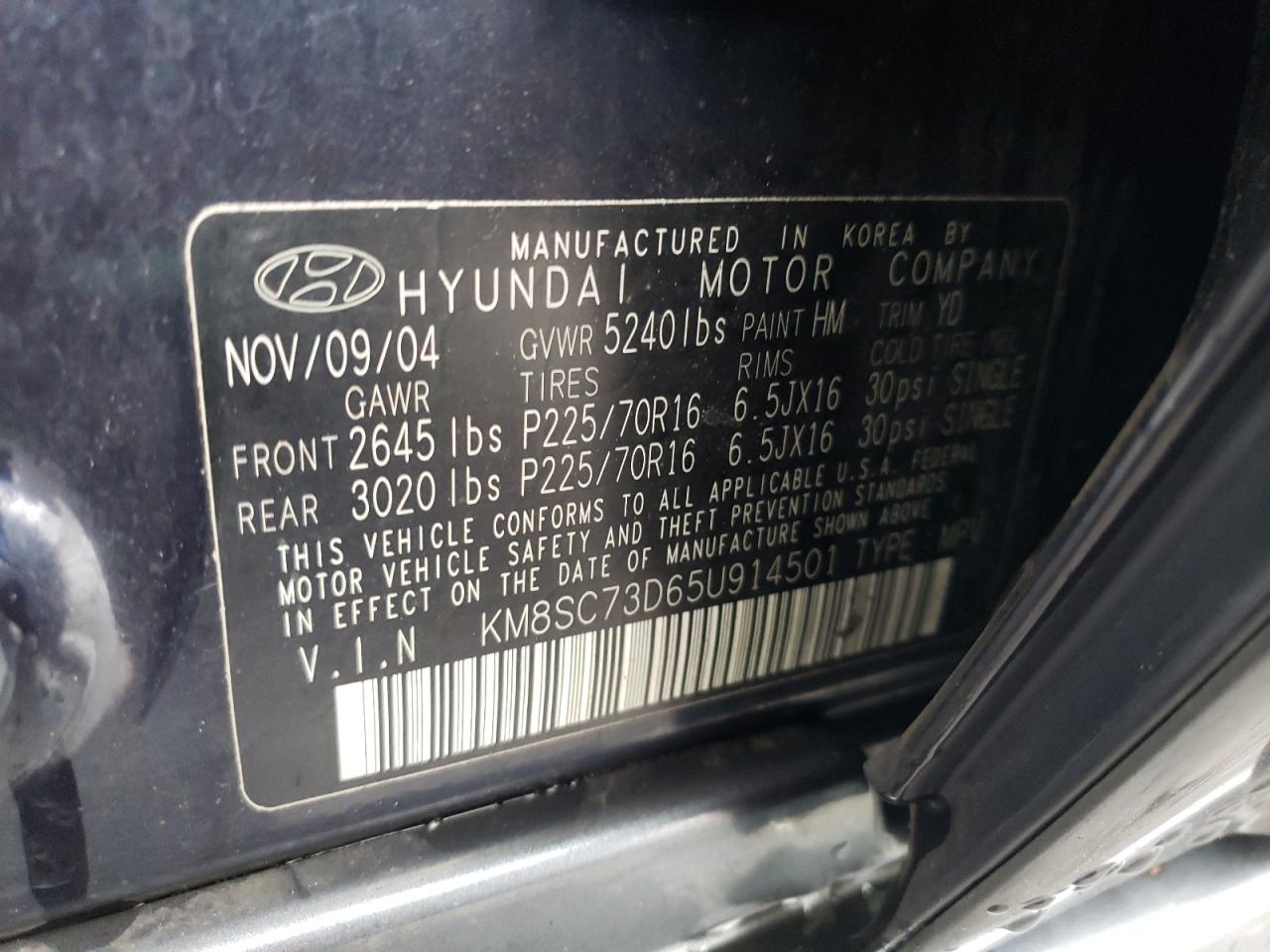 Photo 12 VIN: KM8SC73D65U914501 - HYUNDAI SANTA FE 