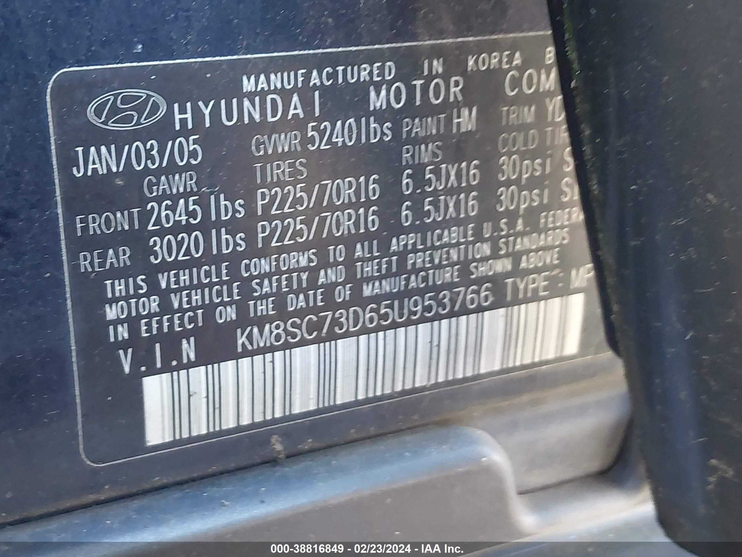 Photo 8 VIN: KM8SC73D65U953766 - HYUNDAI SANTA FE 