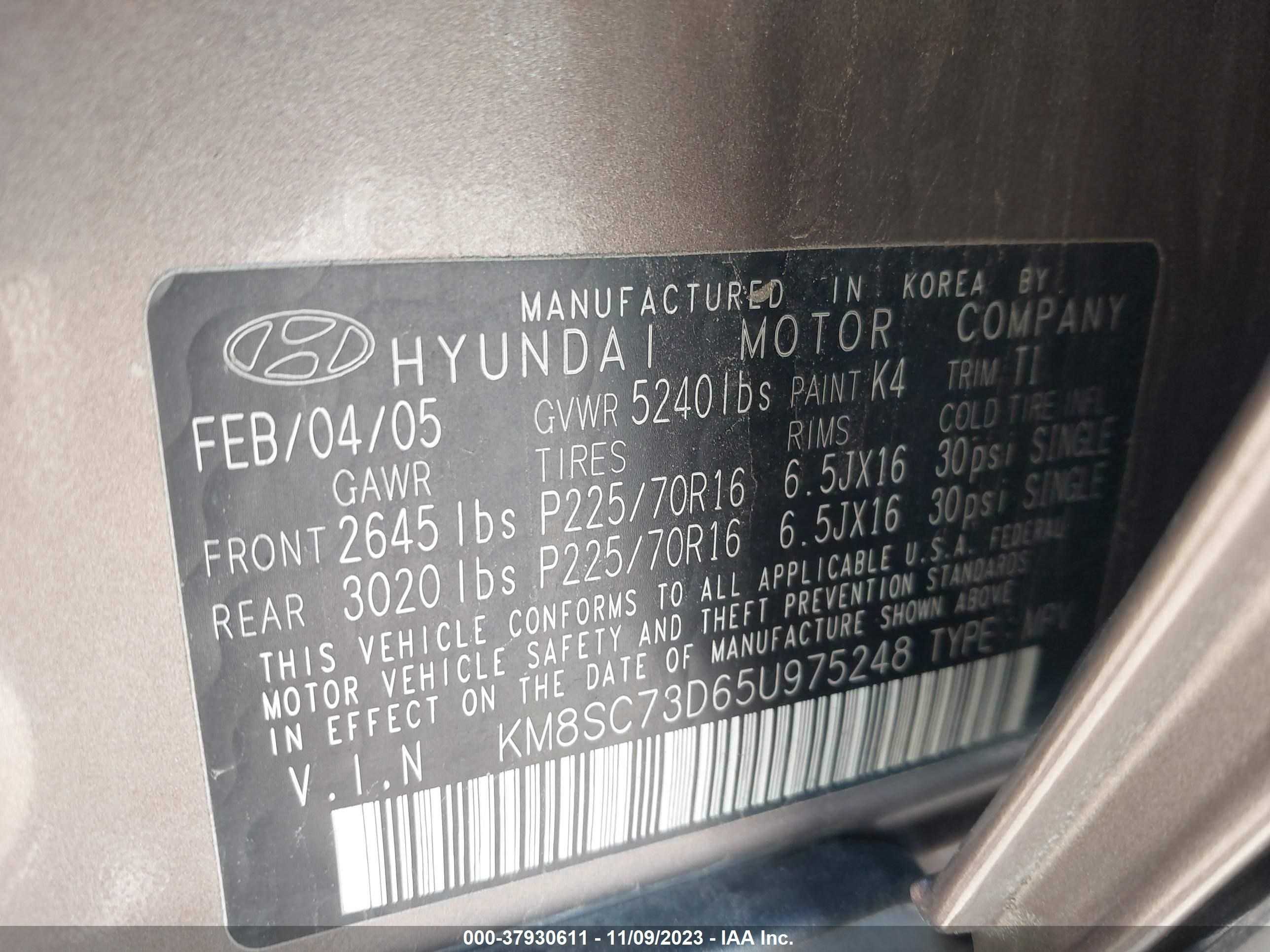 Photo 8 VIN: KM8SC73D65U975248 - HYUNDAI SANTA FE 